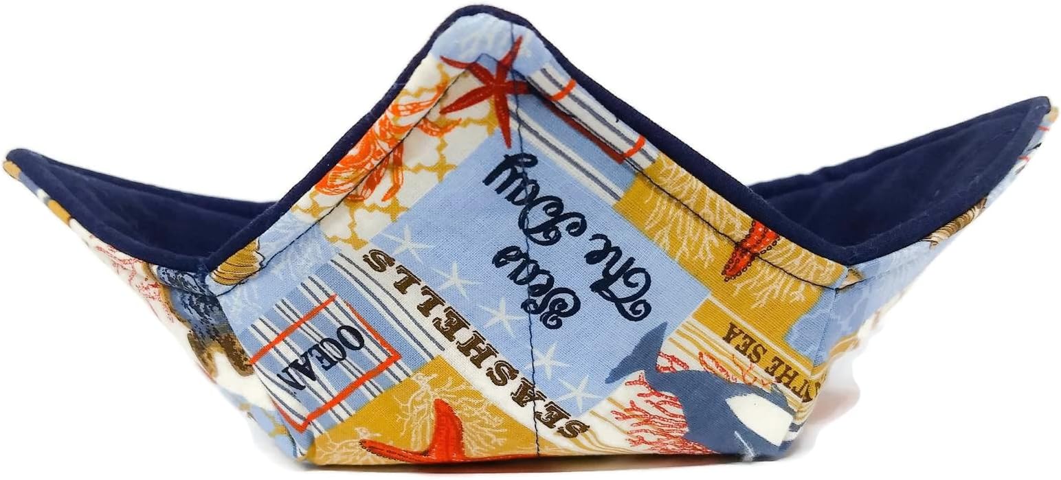 Microwavable Bowl Cozy in Seas The Day, Beach Fabric Print by Sewuseful Studios LLC