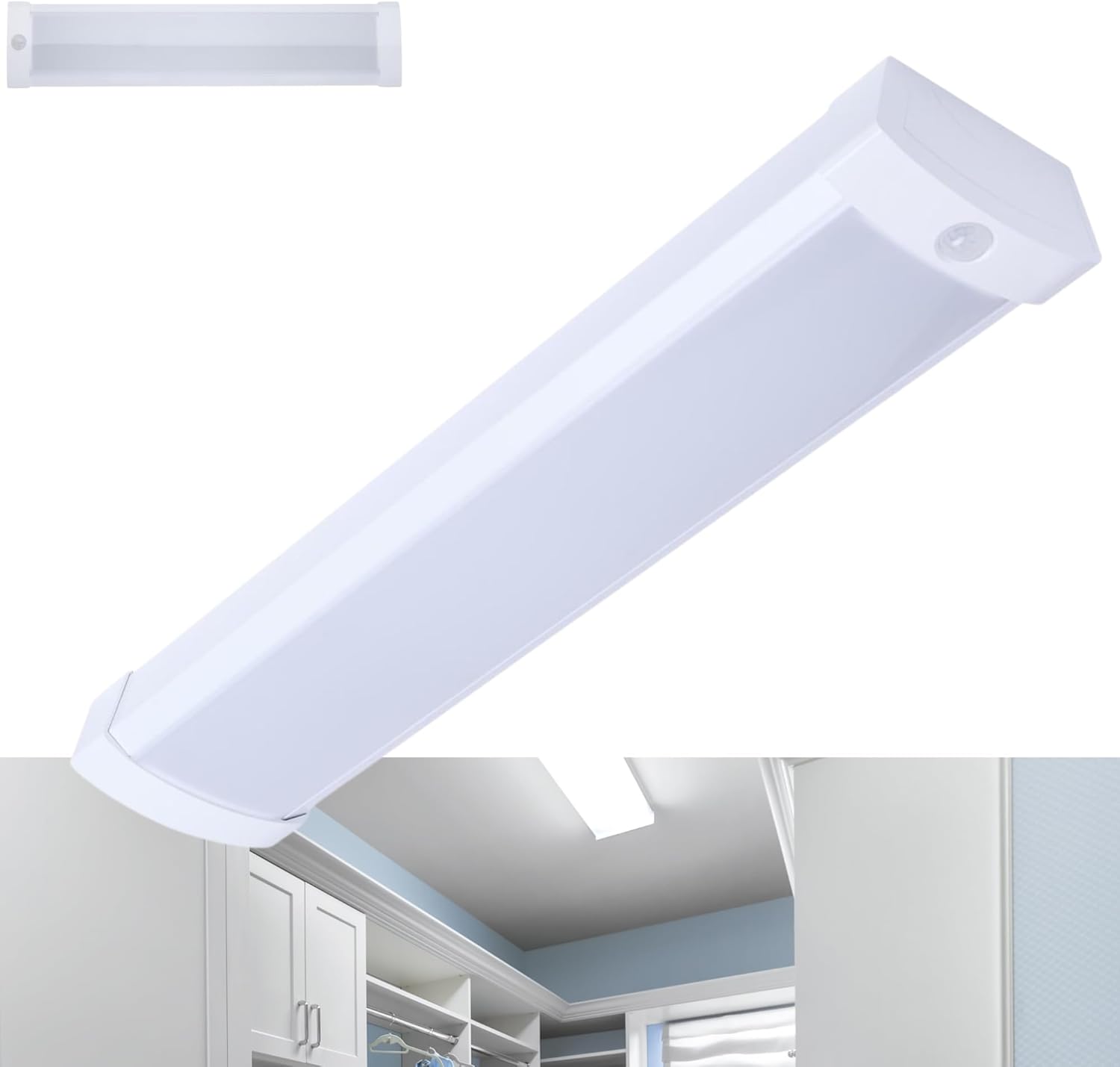 Satco 65-1214 2FT LED Ceiling Wrap Light with Motion Sensor, 20W, CCT Selectable 2700K–5000K, 1650 Lumens, 120-277V, White Steel Housing, Non-Dimmable, Damp Rated
