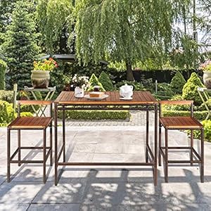 Tangkula 3 PCS Patio Bar Table Set, Outdoor Rattan Bar Set Bistro Set with Acacia Wood Top, Wood Table Set with 2 Bar Chairs for Dining Room, Backyard, Patio and Balcony Tangkula 3 PCS Patio Bar Table Set Outdoor Rattan Bar Set Bistro Set with Acacia Wood Top Wood Table Set with 2 Bar Chairs for Dining Room Backyard Patio and Balcony