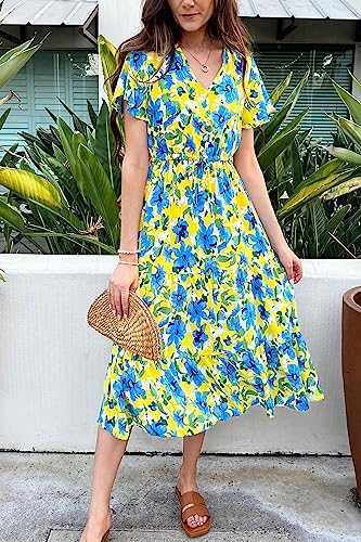 PRETTYGARDEN Summer Floral Dress for Women 2025 Casual Boho Short Sleeve Maxi Dresses V Neck Tiered Flowy Beach Sundress