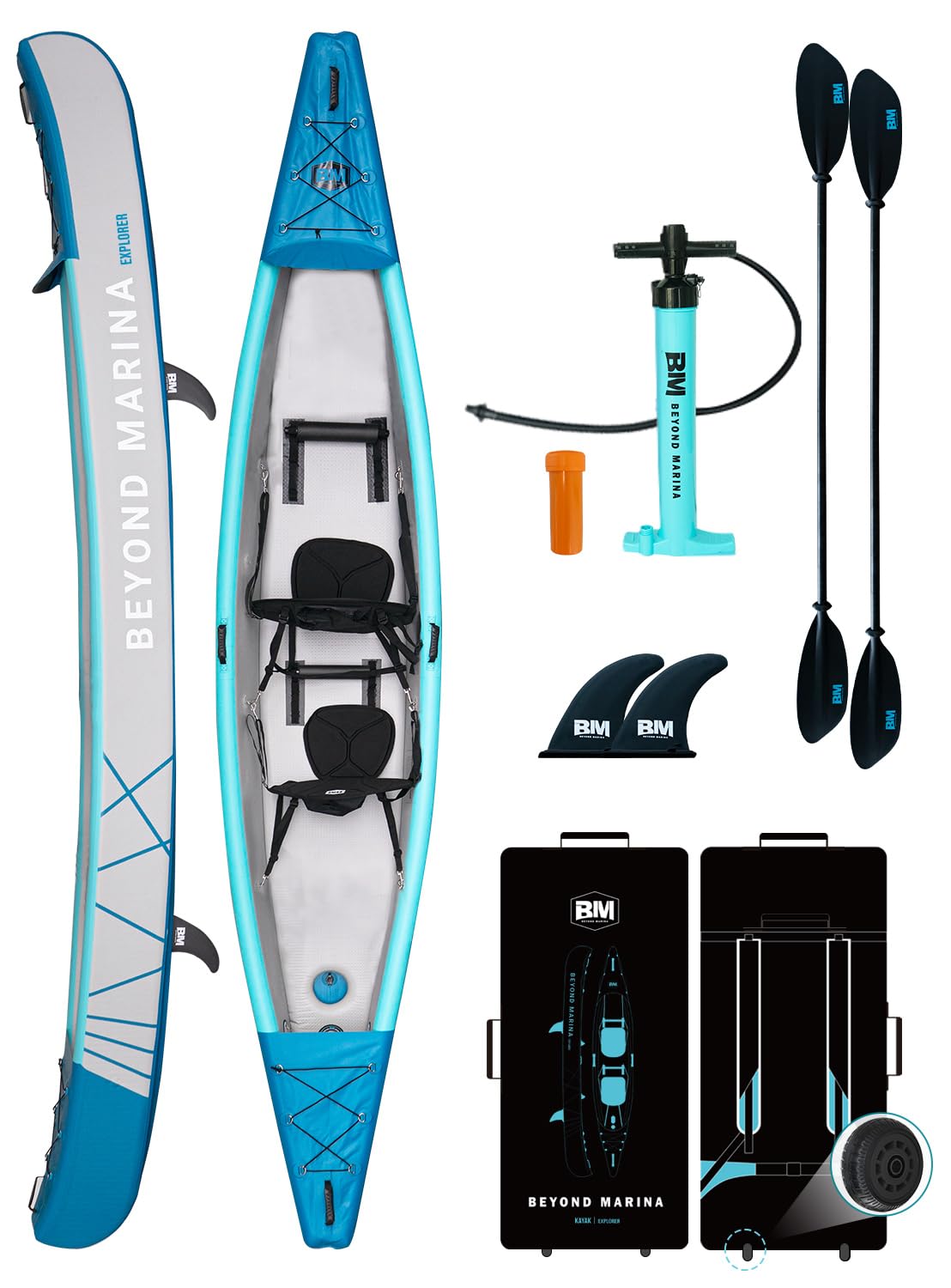 BEYOND MARINA Inflatable Kayak 2 Person Adult- Drop Stitch Tandem Kayak | with Aluminum Paddles, Seats, Footrests, Pump, Fins, Explorer 13.77ft