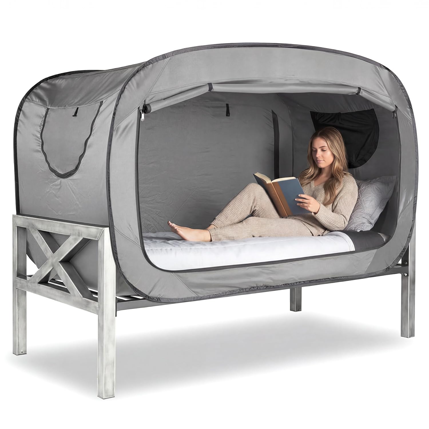 Pop Up Privacy Tent for Indoor Use Bed Canopy for Sleeping Bed Tent Double Door with Mosquito Mesh Window-Full/Grey