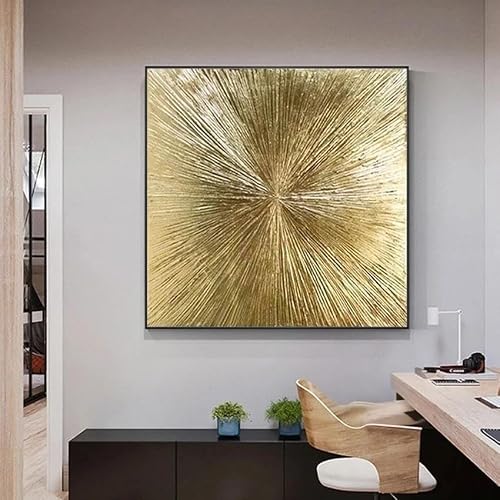 Liuyuyougo As Picture Gold Abstract Sunburst Canvas Wall Art 100% Hand Painted Radiant Burst Textured Oil Painting Artwork Frameless Modern Luxury Gold Foil Painting For Bedroom Home Decor 60X60cm(24X24inch)