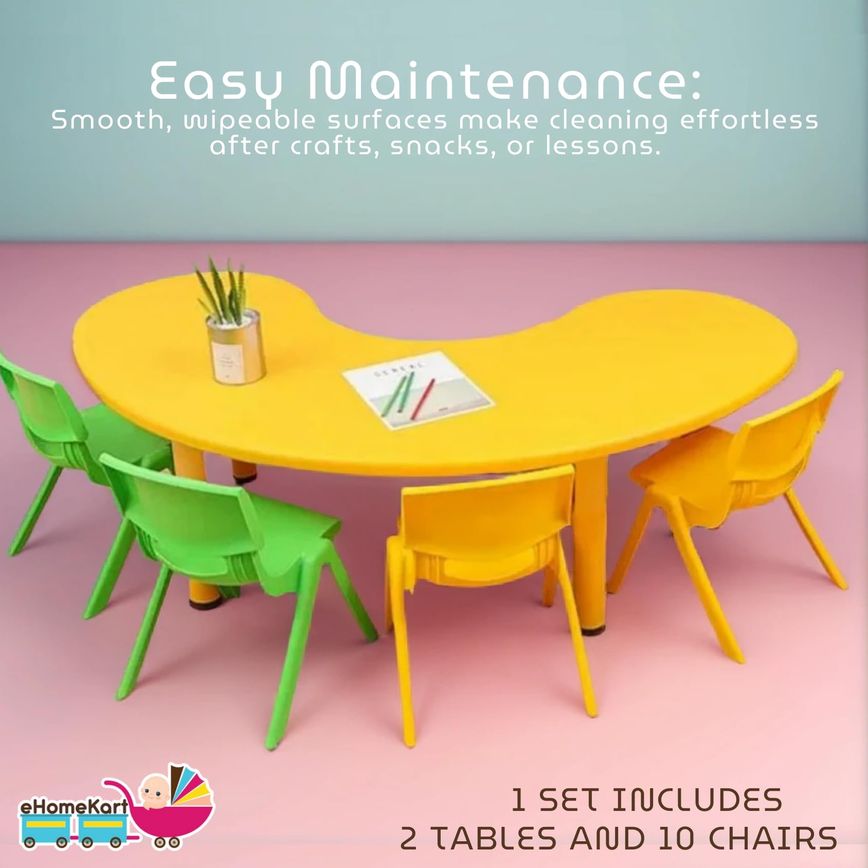 eHomeKart Kids Half-Moon Table Set of 2 with 10 Chairs – Front Round Shape, Perfect for Home Use (53 x 20 x 20 inches) for Kids with Set of 10 Chairs- Perfect Fort Home - Image 8 thumbnail