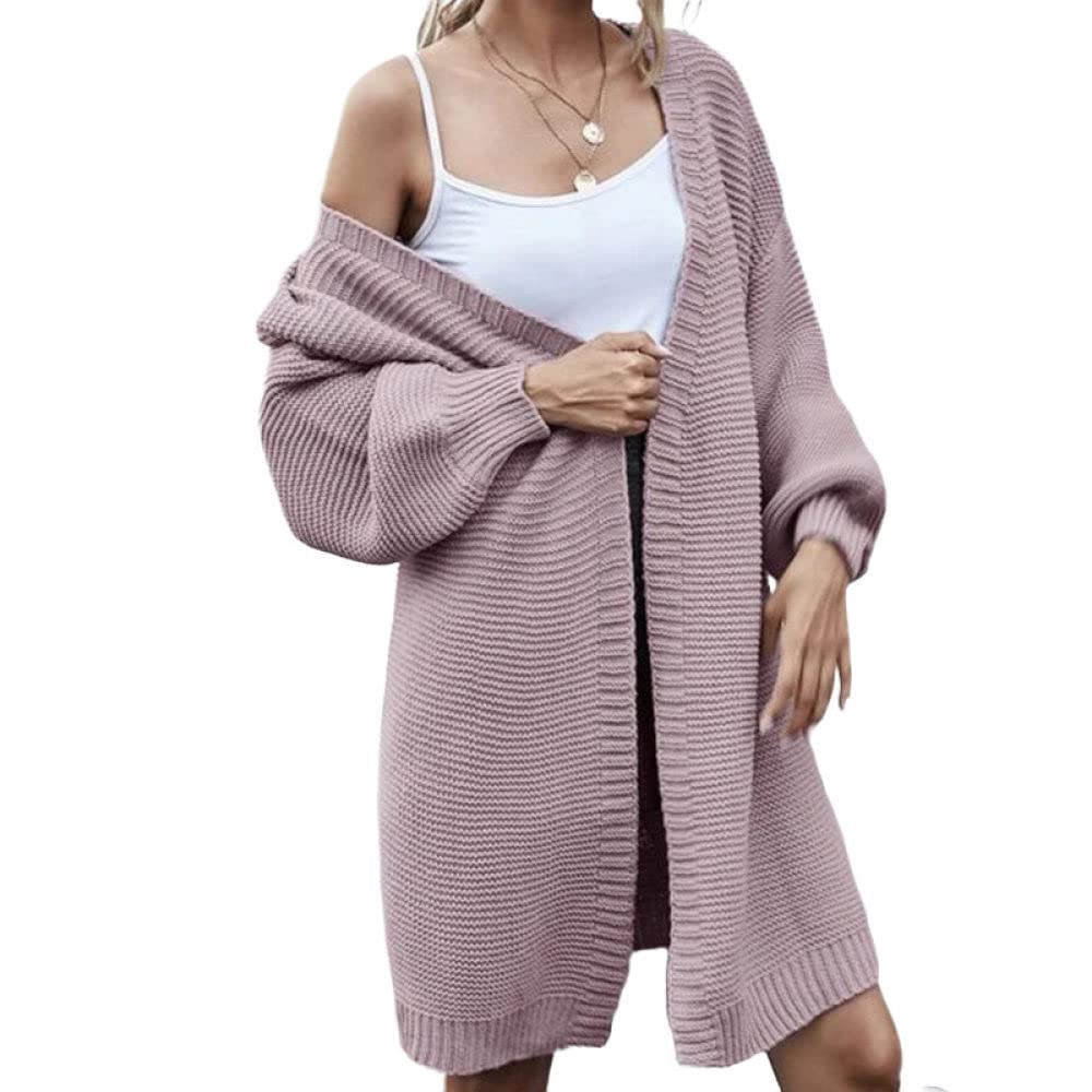 HGJH Pullover Damen, Damen Strickpullover Vorne Offen Lang Mittellang Strickjacke Rippstrick Kimono Einfarbig Grau Rosa Strickjacke Weich Elegante Leichte Herbstjacke Für Lässiges Business