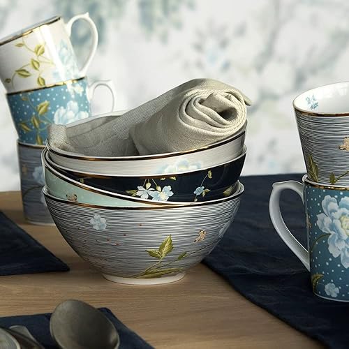 Miniatura 7 de Laura Ashley Seaspray Uni - Caja de regalo de 6 pulgadas, juego de 4 platos de sopa de porcelana y cereales, cuencos aptos para lavavajillas,