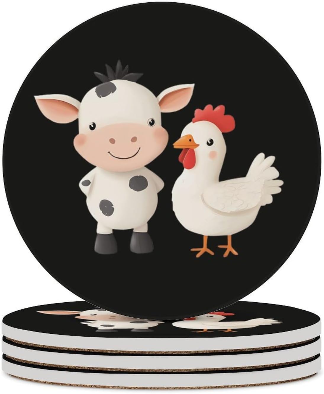 Cute Cow and Chicken Round Ceramic Coasters for Drinks Absorbent Cup Holder Tabletop Protector with Cork Base