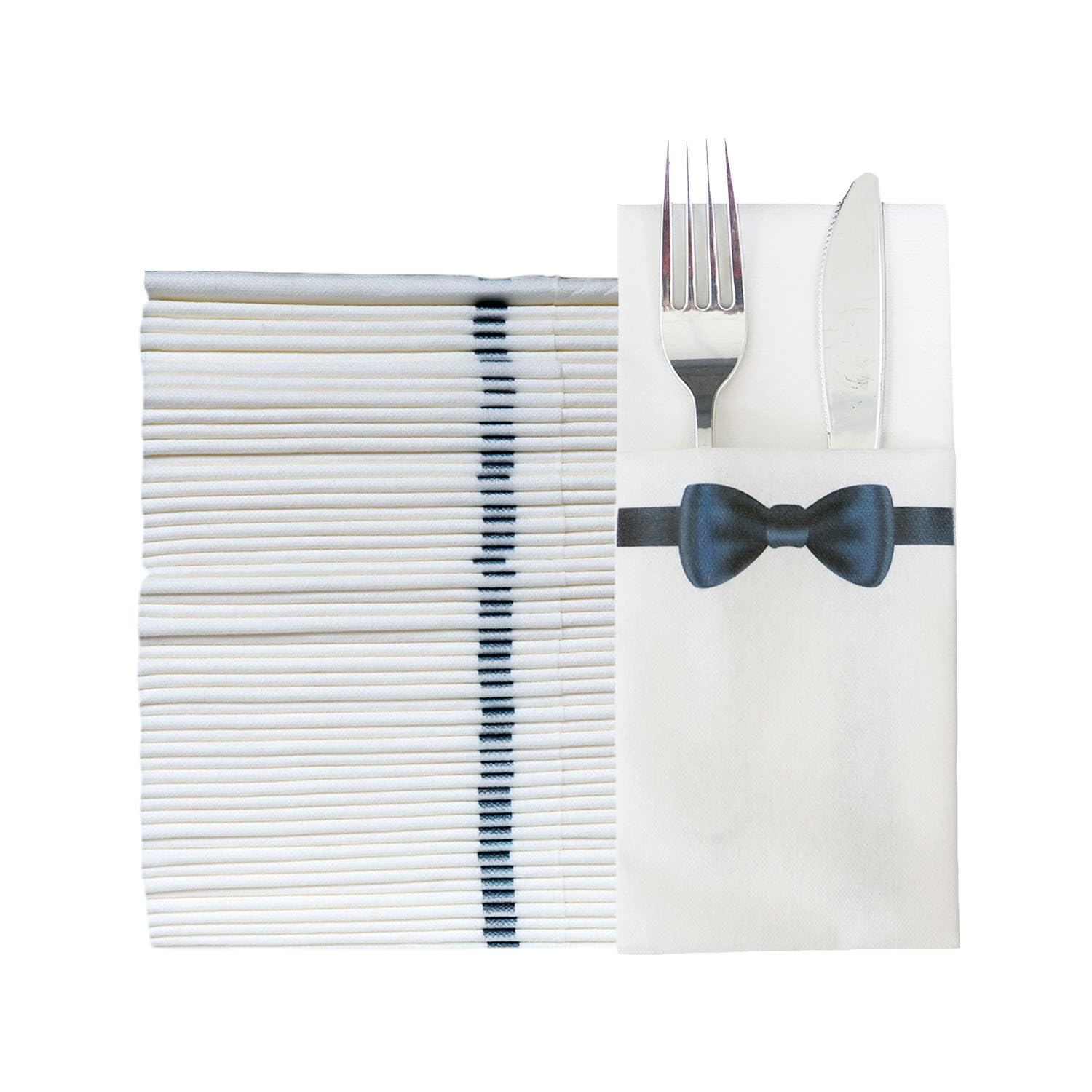 JEBBLAS Disposable Napkins Cloth Like Built-in Flatware Pocket Paper Dinner Napkins Linen Feel White Napkins Prefolded for Cutlery Napkin Tissue Paper for Wedding Party, Blue Bowtie Print 100 Count… 40.6 x 40.6 cm (Set of 100)