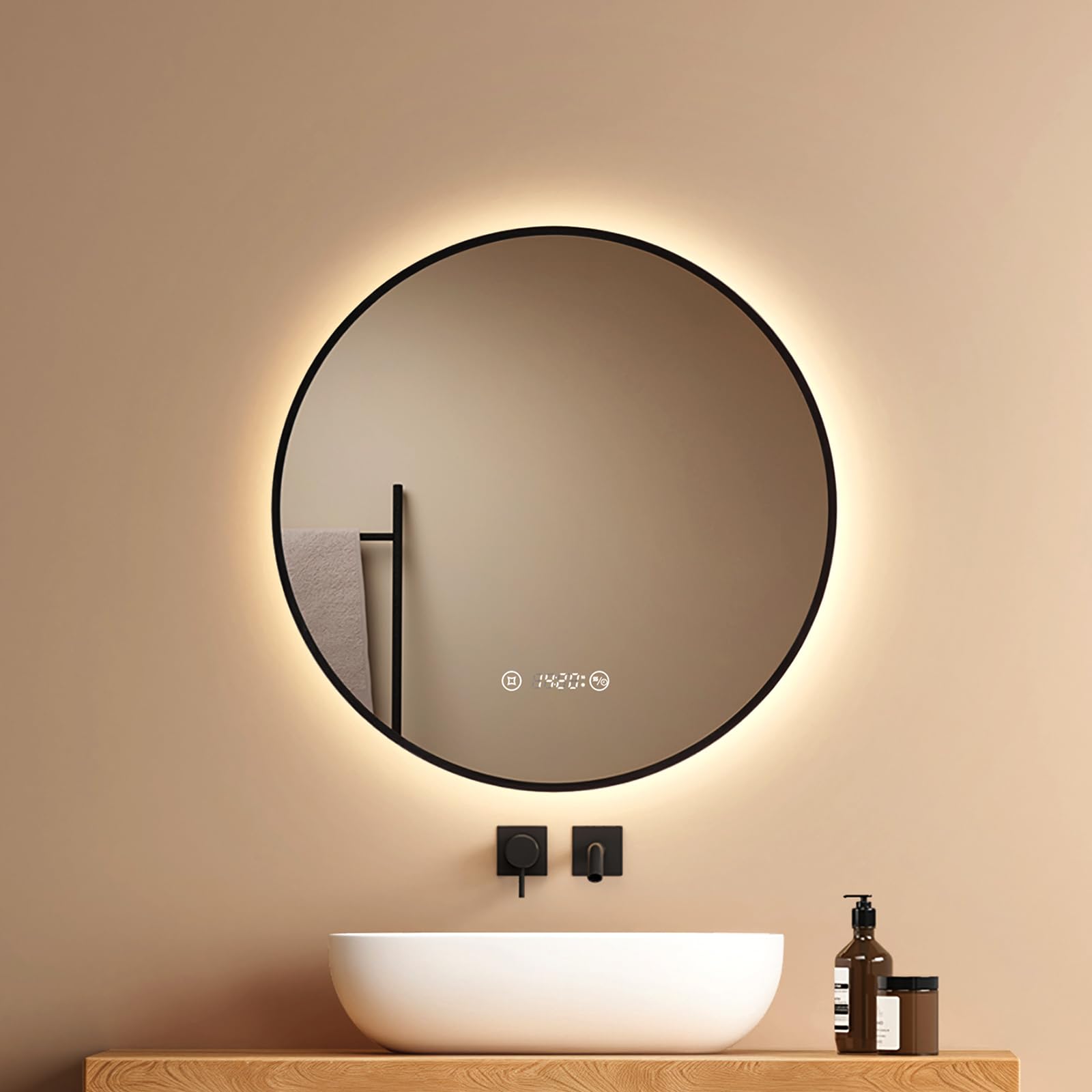 EMKE Espejo de Baño Redondo 60 cm, Marco Negro Cobrizo Cepillado