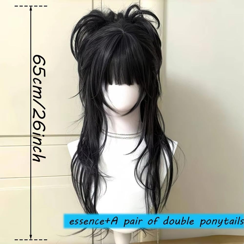Haarpflege Mädchen Blonde Lange Lockige Wellige Haarperücke Mit Pony Doppelpferdeschwanz Für Cosplay Party Alltagskleidung(Black)