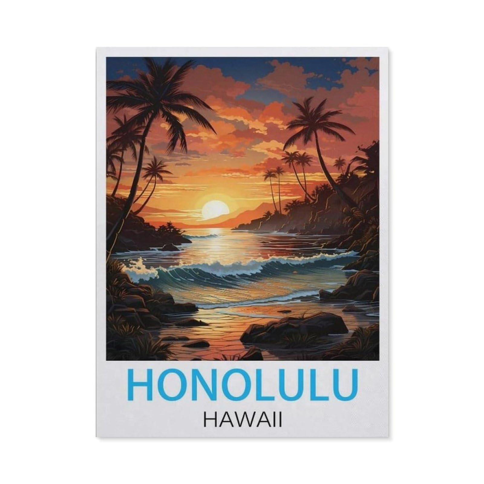 BEAYODKP Honolulu Hawaii Vintage Travel Posters，Diamond Art Kits for Adults and Kids, Full Drill Round Rhinestone Paint with Diamonds（40 x 50 cm/15.74 x 19.68 inches）-BZ21