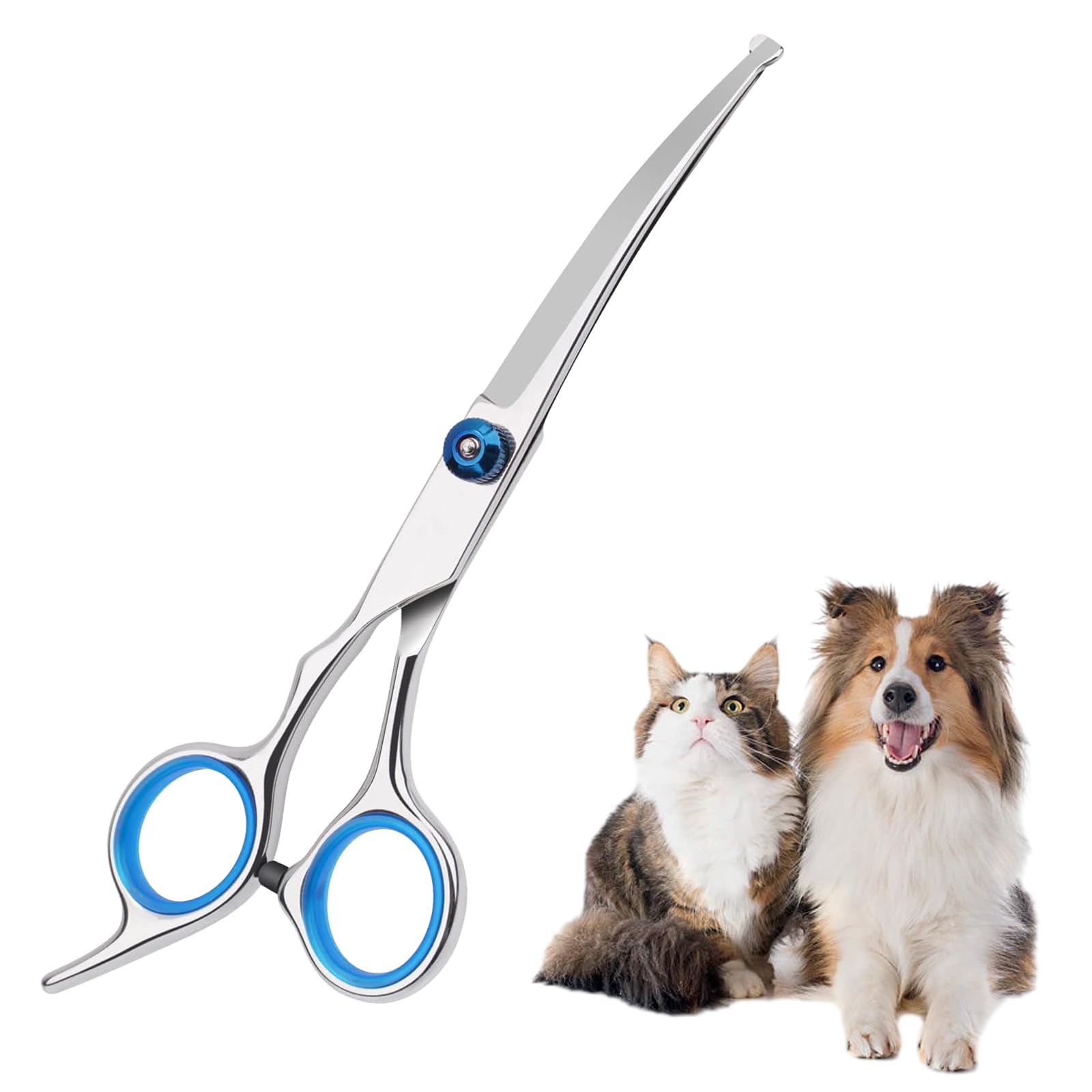 DGUSO Tijeras Curvas para Perros,Tijeras de Aseo para Gatos, Tijeras Peluqueria Canina, Tijeras de Acero Inoxidable Con Puntas Redondas de Seguridad, Tijeras de Adelgazamiento (Azul)