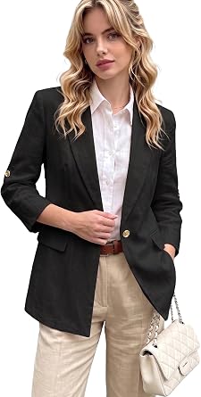Mina Self 2026 Womens Summer Linen-Blend Blazer 3/4 Sleeve Long Lightweight Fully-Lined Trendy Casual Work Suit Jackets