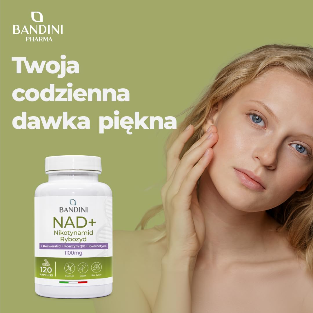 Bandini® Liposomalny NAD+ | 120 kapsułek wegańskich | NAD chlorkiem rybozydu nikotynamidu z kwercetyną, resweratrolem, koenzymem Q10 | Przeciwstarzeniowy, Energia komórkowa | 11100 mg na dawkę dzienną