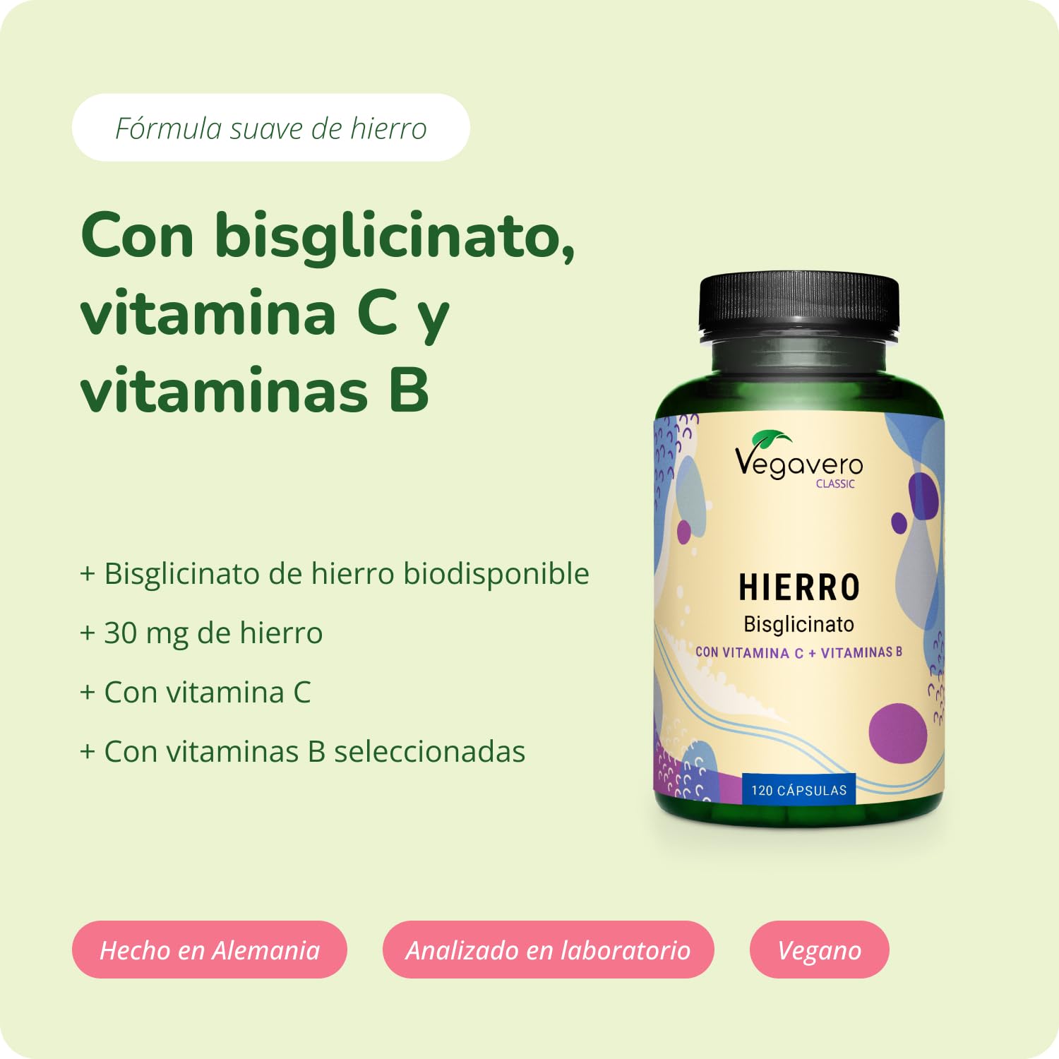 Hierro Suplemento Vegavero® | Vegano | Vitamina C, B12 y Ácido Fólico | Anemia + Energía + Cansancio | Bisglicinato de Hierro | 120 Cápsulas