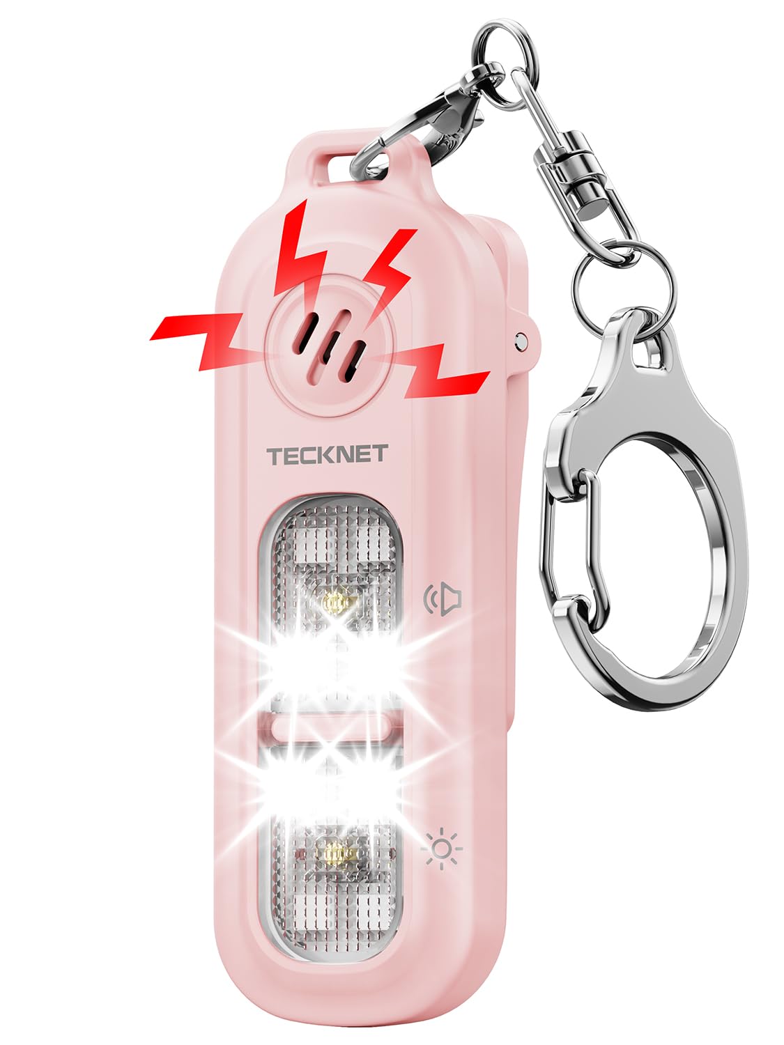 TECKNET 130dB Personal Alarms for Women with SOS Strobe Light, Rechargeable Clip On Torch & IPX4 Waterproof Running Lights, Safety Siren Panic Alarm with Keychain for Runners Kids and Elderly - Pink