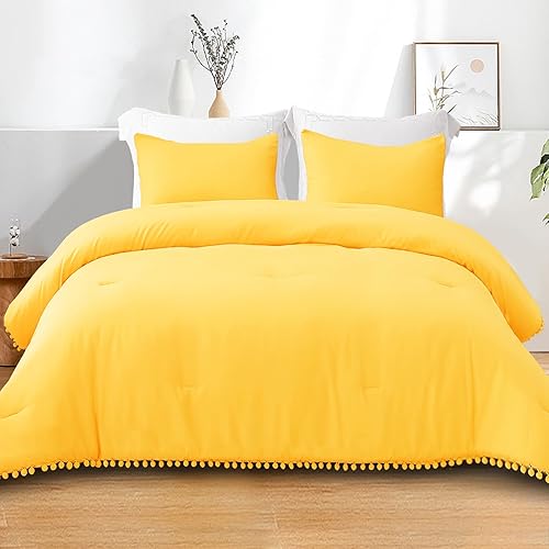 Miniatura 2 de Exclusivo Mezcla Juego de edredón bohemio con flecos y pompones, tamaño individual, 2 piezas, amarillo vibrante, ligero, alternativo, para todas las