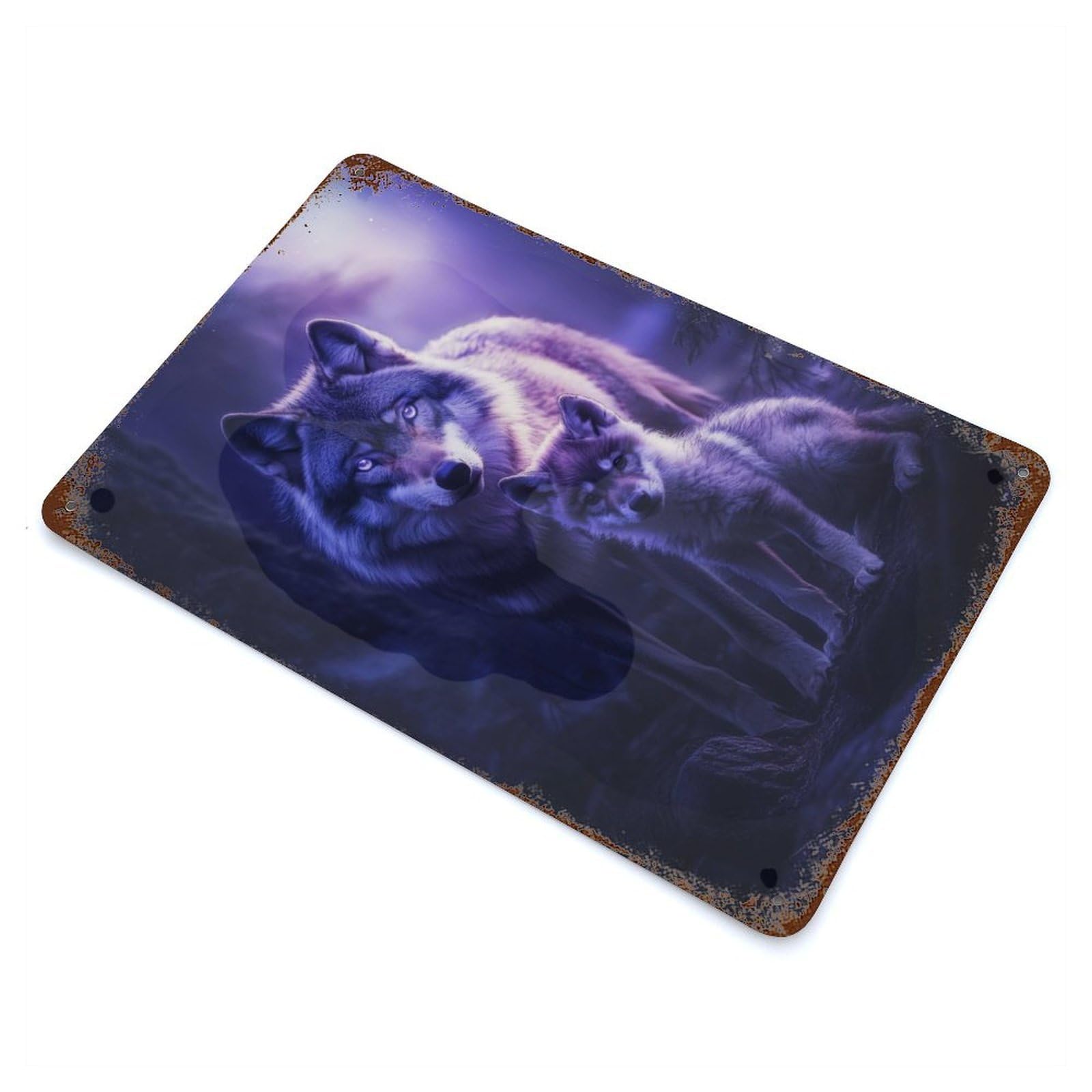 Wolf And Pup in Moonlight Vintage Rust Metal Sign 11.8"x7.9", Retro Wall Decor for Garage, Pub Or Kitchen