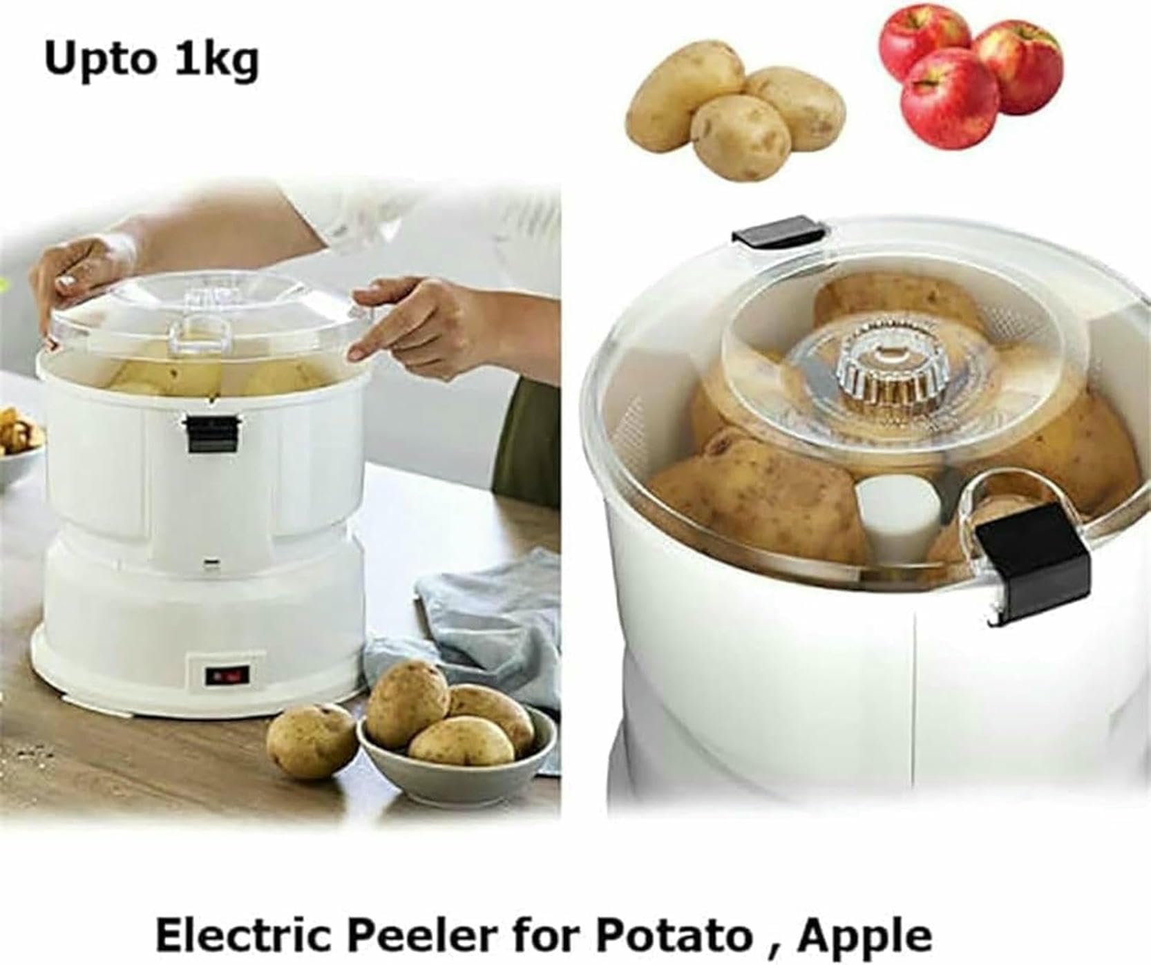 Pelador de patatas eléctrico, pelador de patatas, pelador de verduras totalmente automático con recipiente, rotador de ensaladas de un solo toque, capacidad de 1 kg, pelado rápido y ahorro de tiempo