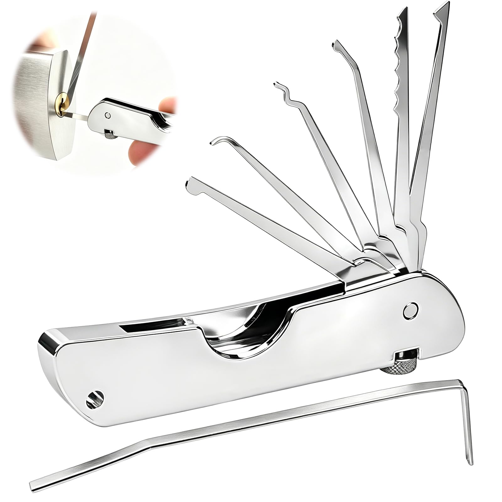 7-in-1 Lock Picking Kit – Stainless Steel Folding Lock Pick Set with Single Hook Picks, Portable Lock Picking Tools for Practice & Emergency Use, Quick Opener Locksmith Tools for Beginners
