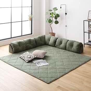 緑と黒のチェック柄コーナーソファ Amazon｜日本製 マット付き コーナーソファ 【L型タイプ 大 グリーン