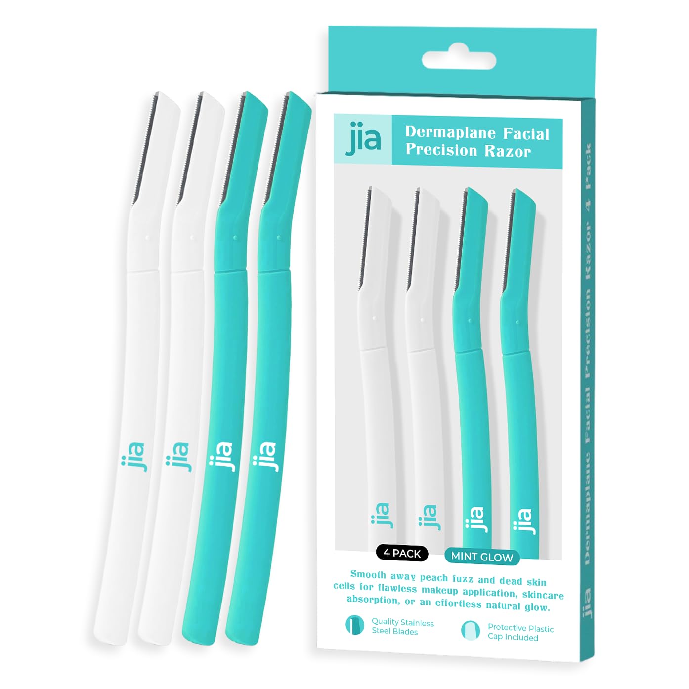 Jia Dermaplane Facial Precision Razor 4-Pack, Mint Glow - Eyebrow Trimmer & Face Shaver for Women and Men, Peach Fuzz & Dead Skin Cell Removal Tool