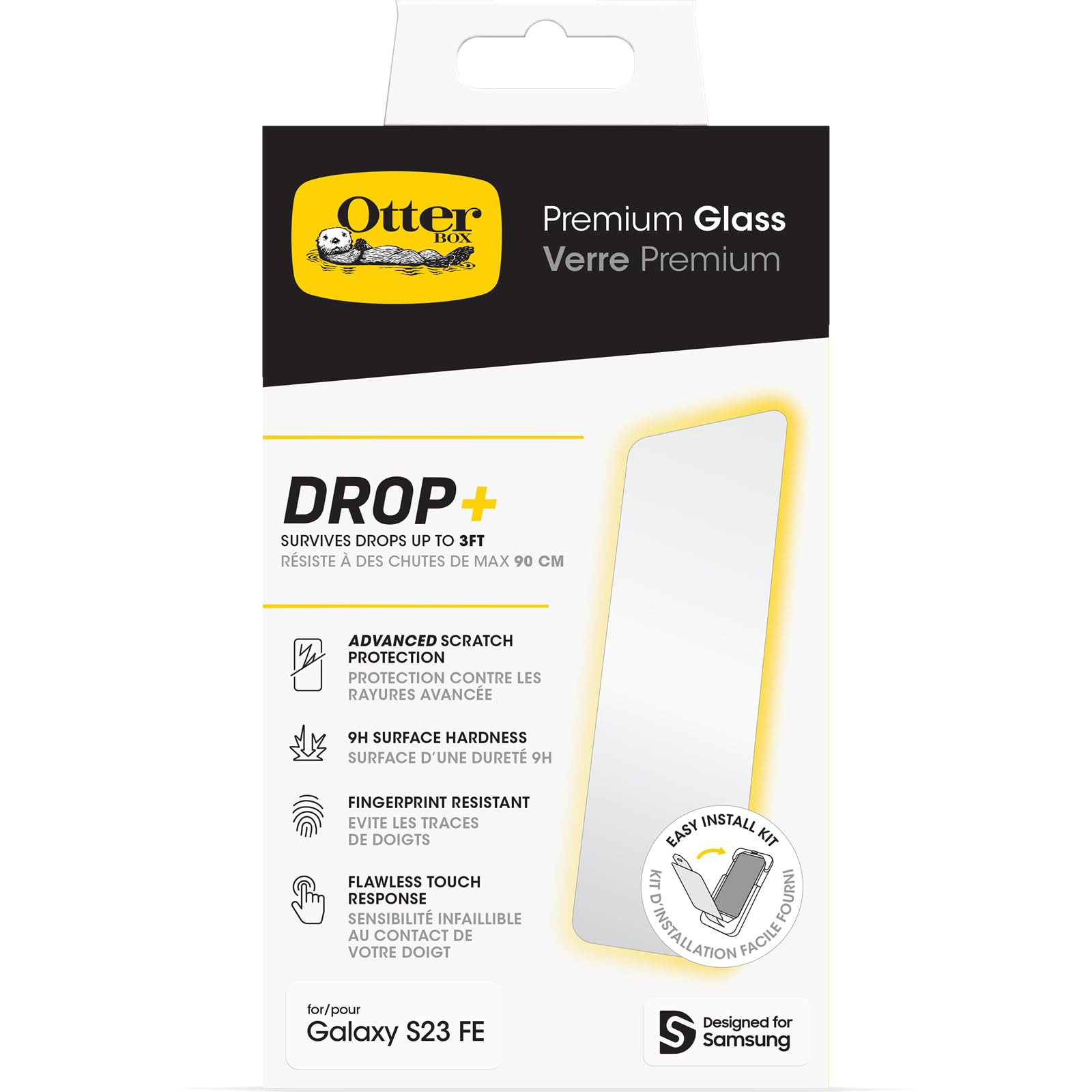 OtterBox Premium Glass Displayschutz für Samsung Galaxy S23 FE, gehärtetes Glas, hervorragender Kratzschutz, übersteht Stürze bis zu 0,9m, antimikrobieller Schutz