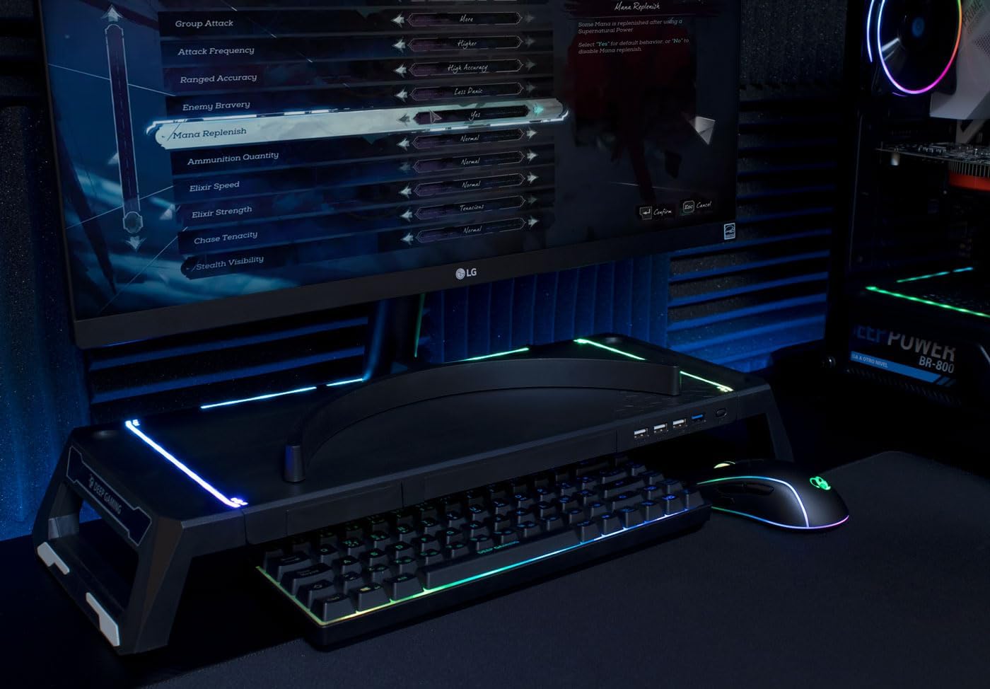 SN06 Soporte de Monitor para Escritorio Gaming con Cajón de Almacenamiento, Soporte para Móvil, 10 modos de Ilulimación RGB y Hub USB de 3 Puertos (1 x USB3.0 + 2 x USB2.0). Negro