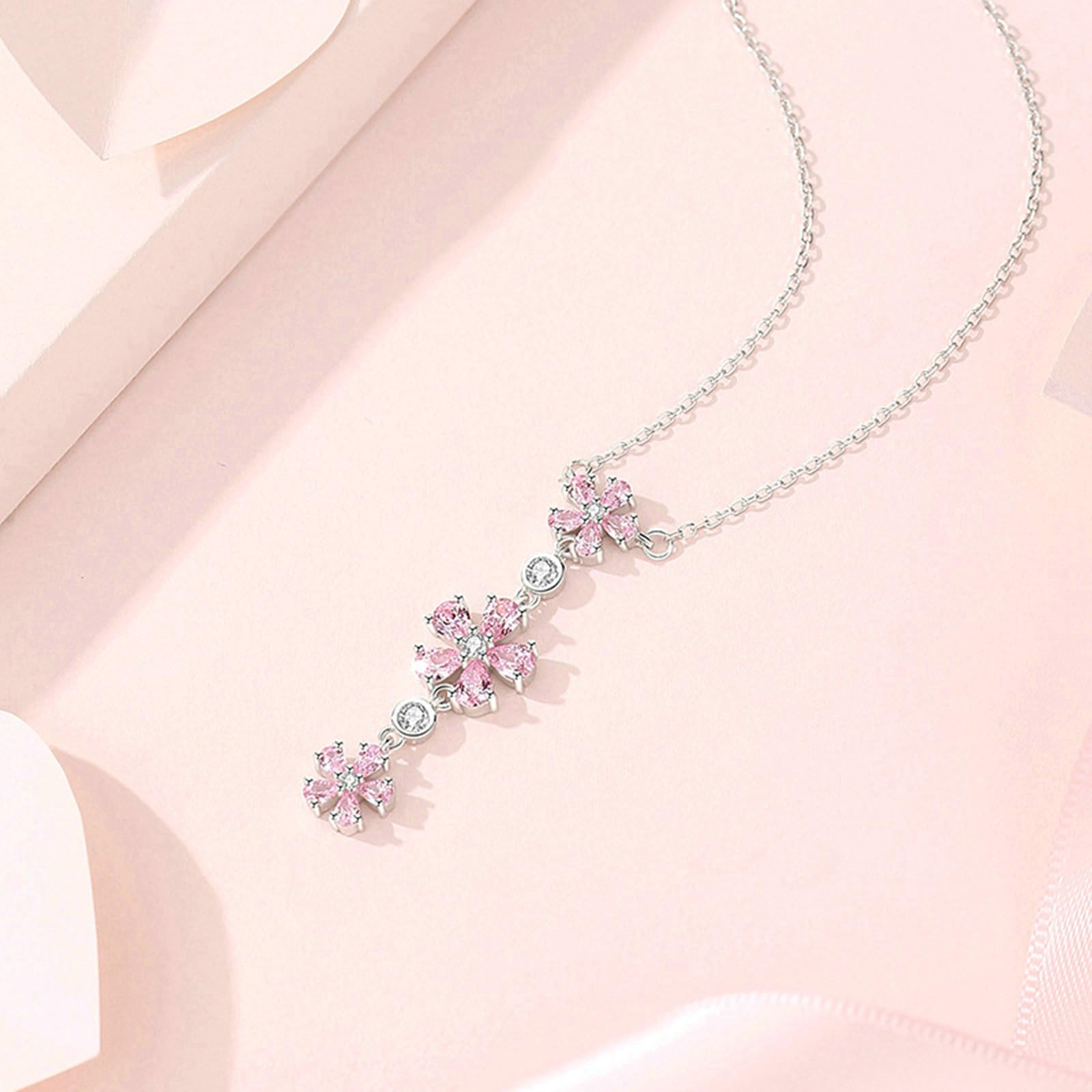 Collar con colgante para mujer de oro blanco 750 585 375, colgante de flores con zafiro rosa y diamante, cadena de oro blanco, 45 cm, sin níquel