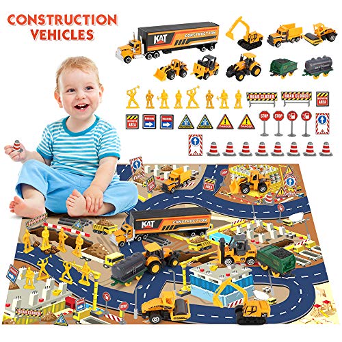 BeebeeRun Construction Vehicles Toys Set with Play Mat,44PCS Alloy Metal Trucks Car Play Set for Kids,Toy Trucks for 2 3 4 Year Old Boys,Gifts Boxed