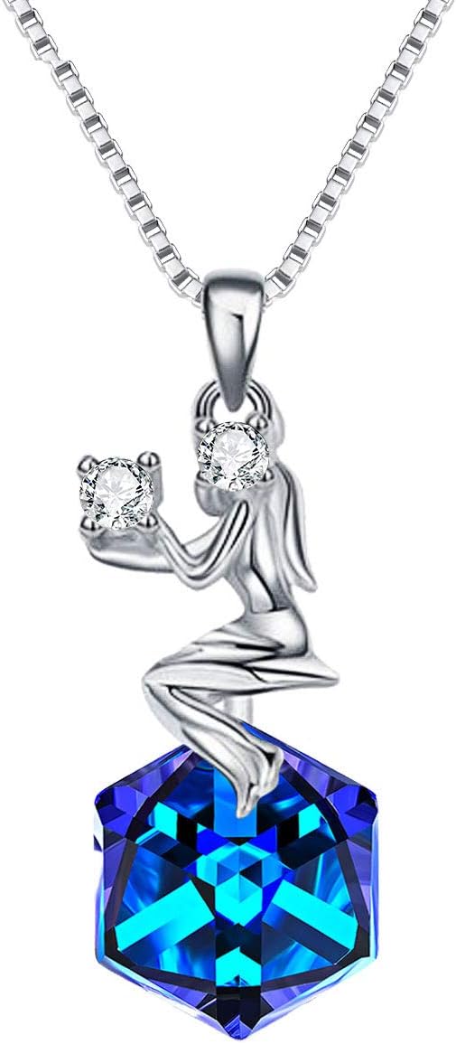 EleQueen 925 Sterling Silver Square Zodiac 12 Constellation Sign Pendant Necklace Blue Made with Austrian Crystals, Valentine's Day/Mother's Day/Christmas Jewelry Gift for Wife/Mom