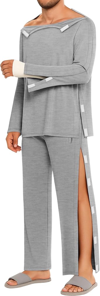 August Alley Mens 2 Piece Tear Away Recovery Set | Open Shoulder Shirt, Snap Side Pants, Easy Access, Loose Fit, Soft, Comfortable, Post Surgery, Fracture Care, Bedridden