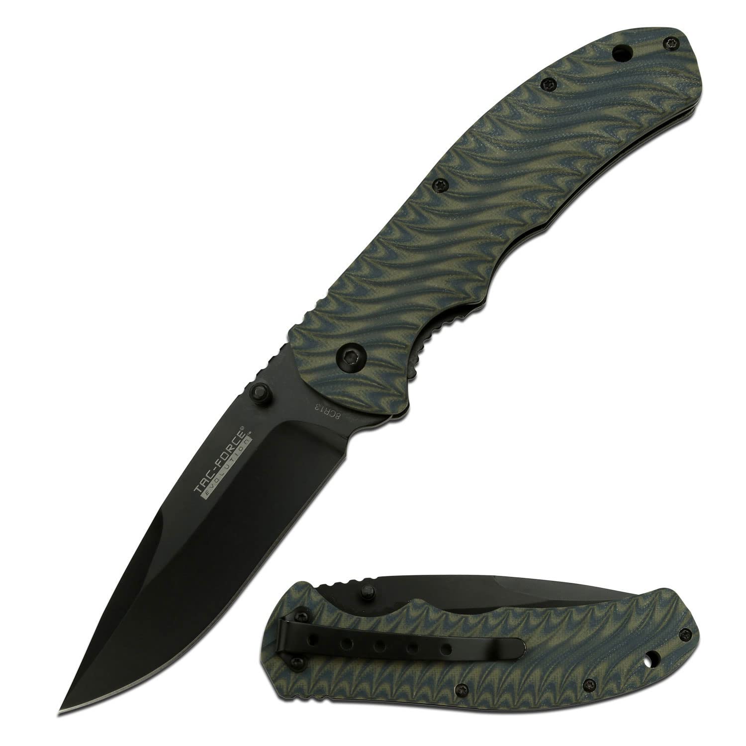 Tac Force EvolutionSpring Assisted Folding Pocket Knife - Black Stainless Steel Blade with Black and Green G10 Handle and Pocket Clip - Tactical Military Combat TFE-A010-BYL