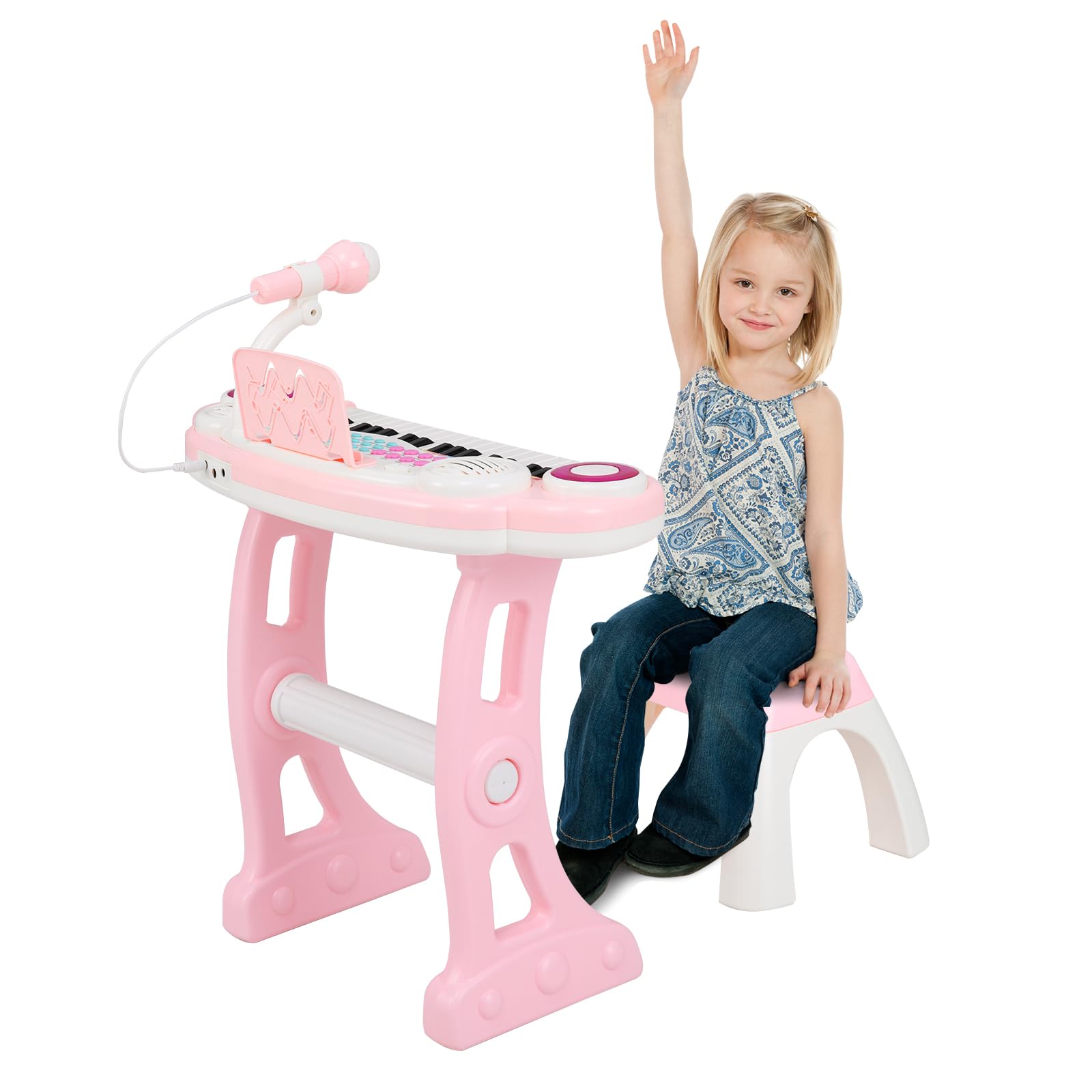 Maxmass 37 Keys Kids Piano Keyboard, Toddler Electric Piano with Stool, Microphone, Flashing Lights, Music Score, Record and Playback, Musical Instrument Electronic Keyboard for Boys Girls (Pink)