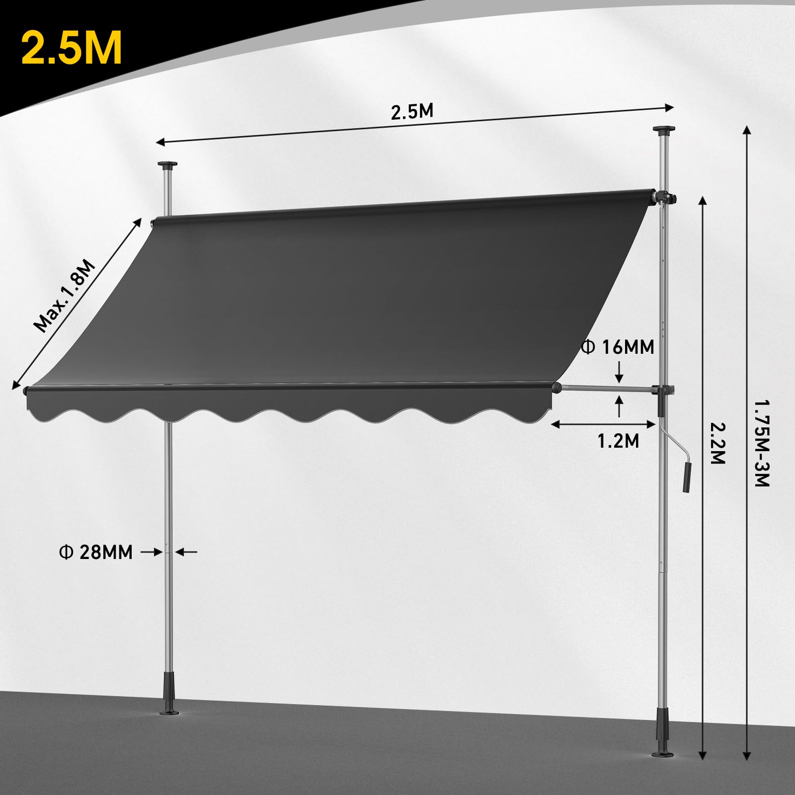Store Balcon Store Banne Manuel Store Exterieur sans Percage, Résistant aux UV, Réglable en Hauteur, Hydrofuge, protège du Soleil, Toit de terrasse (250x120cm, Anthracite)