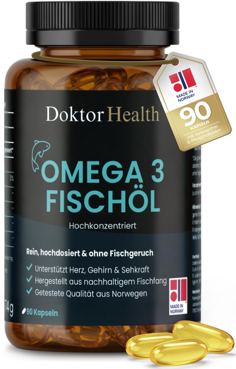 Omega-3 Huile de Poisson 2000mg - Hautement Dosé DHA & EPA - Sans Odeur de Poisson - 90 Capsules Softgel - Testé en Laboratoire - Soutient Cœur, Cerveau & Yeux
