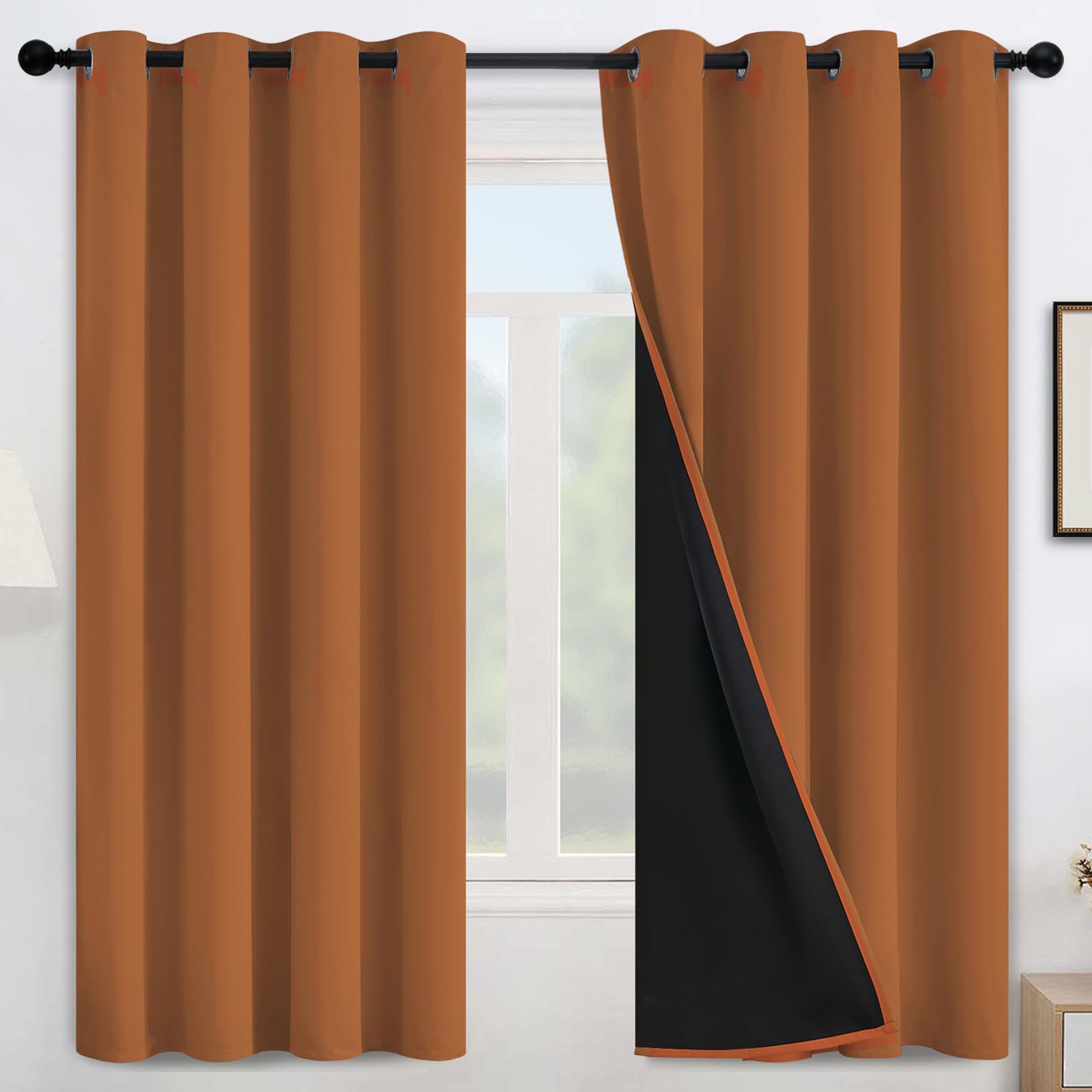 Limay 100% Blackout Curtains for Bedroom,Grommet Thermal Insulated Orange Grommet Window Drapes Room Darkening Curtains for Living Room with Black Back,52 x 63 Inch,2 Panels