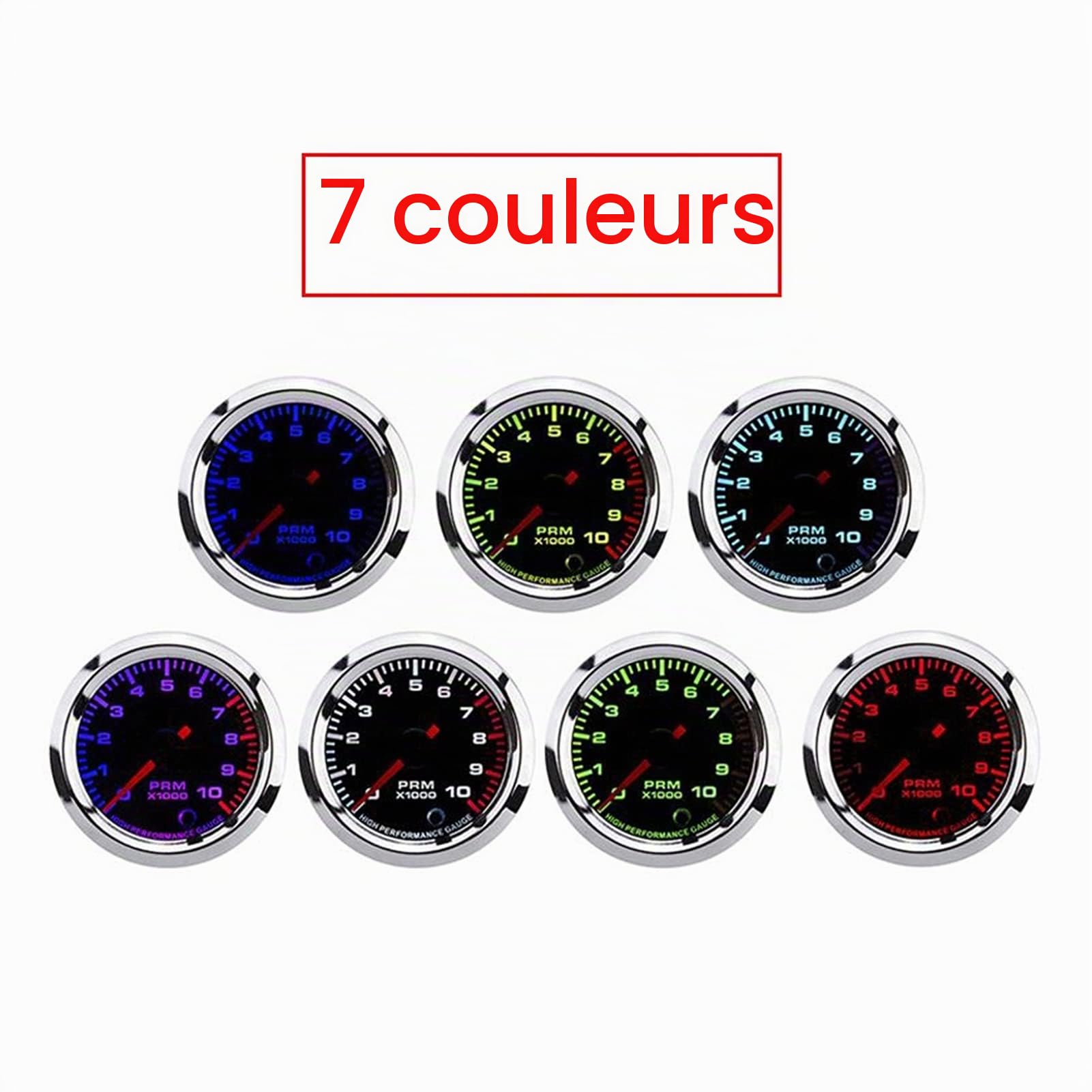 Tachymètre Universel Qiilu, Compteur de Révolution 52mm / 2in 7 Couleurs avec Plage de Mesure 0-10000 Tr/Min