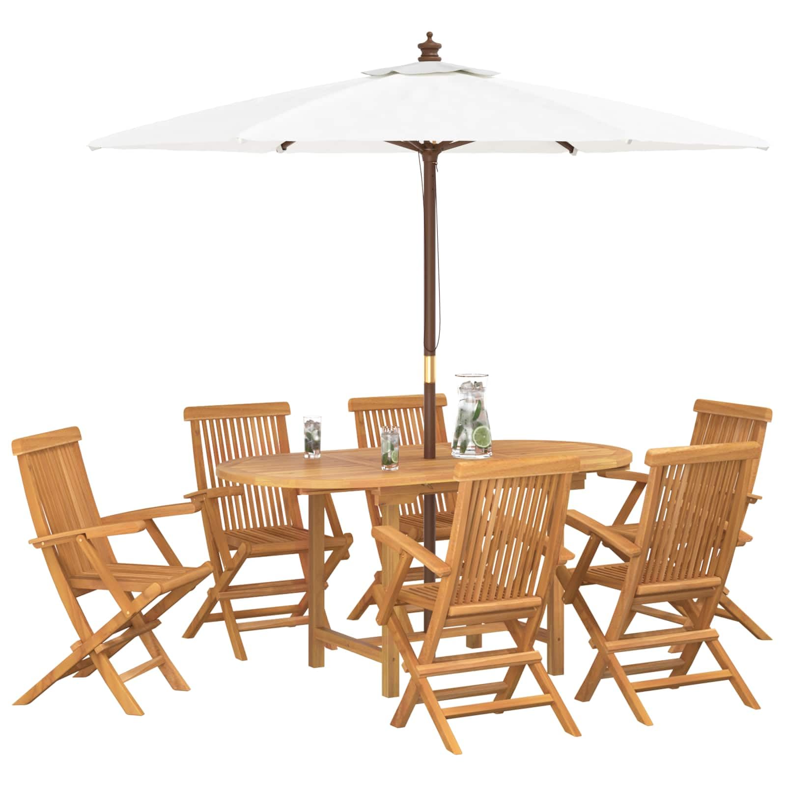 Hothingwell 7-częściowy zestaw do jadalni ogrodowej, brązowy, zestaw ogrodowy z litego drewna tekowego z naturalnym wykończeniem, nowoczesny i minimalistyczny design dla 6 osób, idealny do posiłków