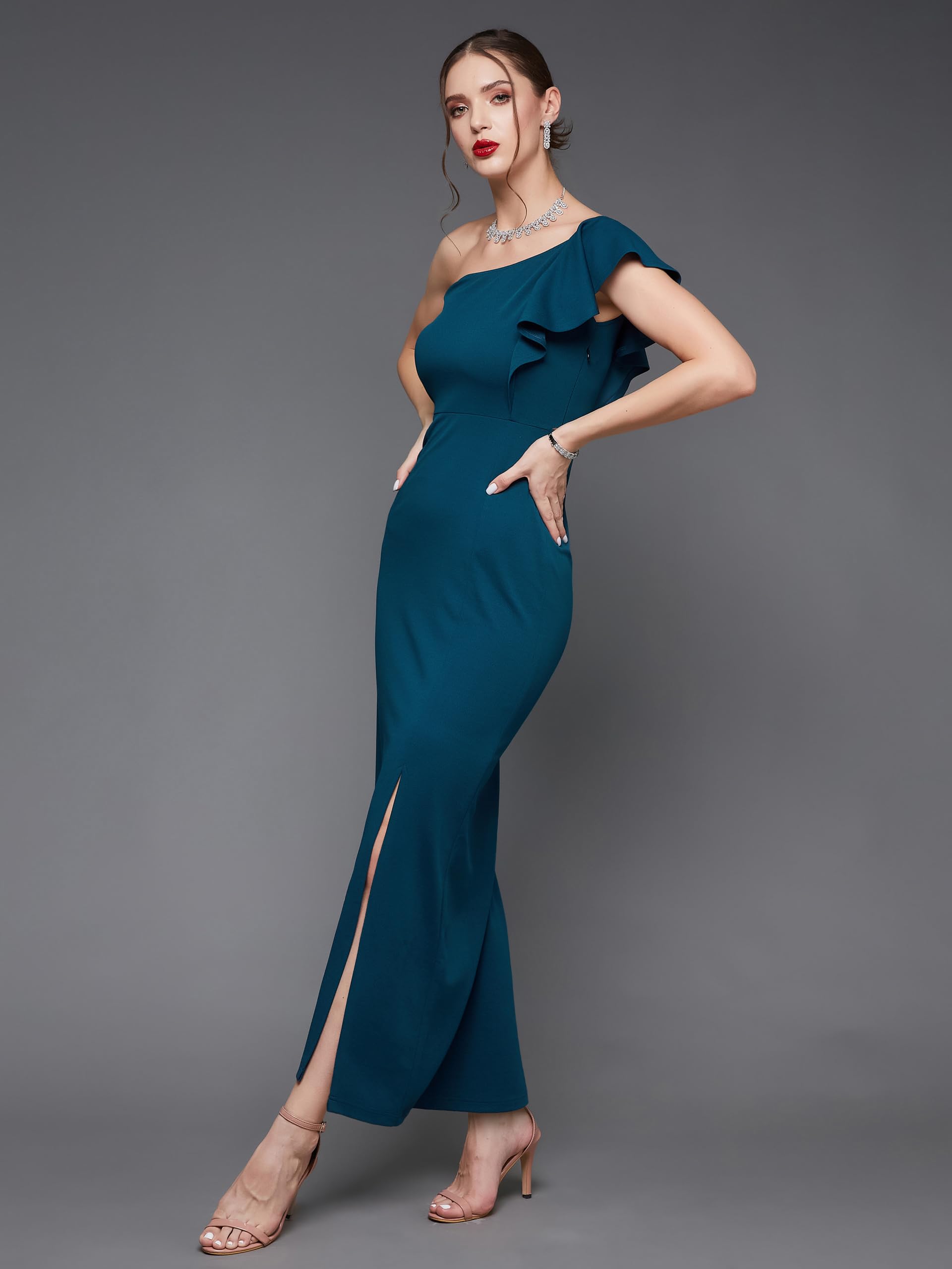 Miss Chase Women's Solid One Shoulder Sleeveless Ruffled Maxi Dress (Mcaw17D10-37-83-02, Teal, Xs)