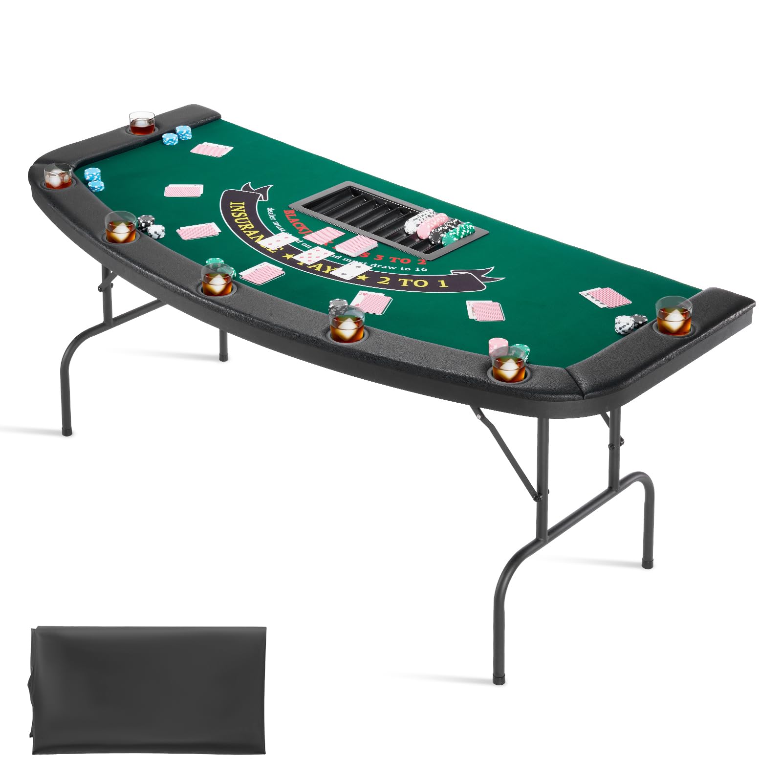 VEVOR Foldable Poker Table, 7 Player 72 in Folding Casino Leisure Table with Padded Rails & Cup Holders, Semi-Oval Portable Game Tables with Felt &