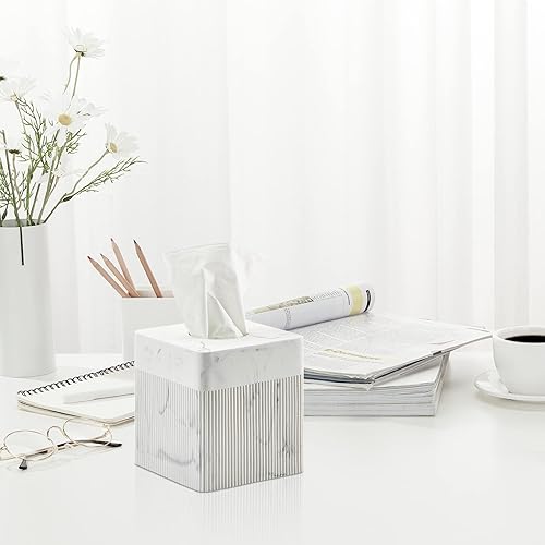 Miniatura 4 de Caja de pañuelos blanca cuadrada de resina para decoración del hogar, soporte de caja de pañuelos de mármol acanalado vertido a mano  Caja de