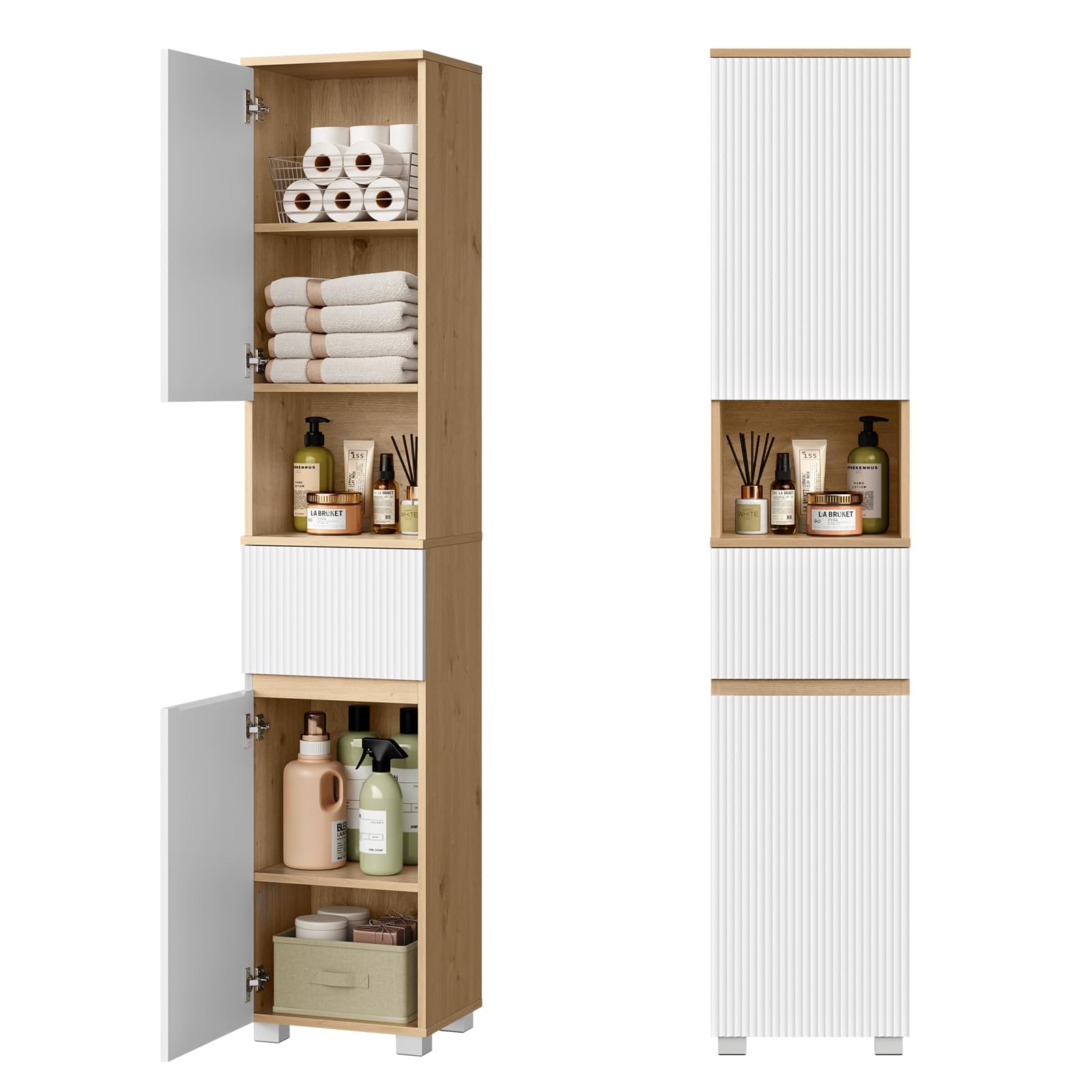 EUGAD Mueble de Baño, Armario de Baño Alto con 2 Compartimentos con Puerta, 1 Abierto, 1 Cajón y Estantes Ajustables, 35 x 30 x 176,5 cm, Madera de Ingeniería, para Espacios Reducidos, Blanco + Roble
