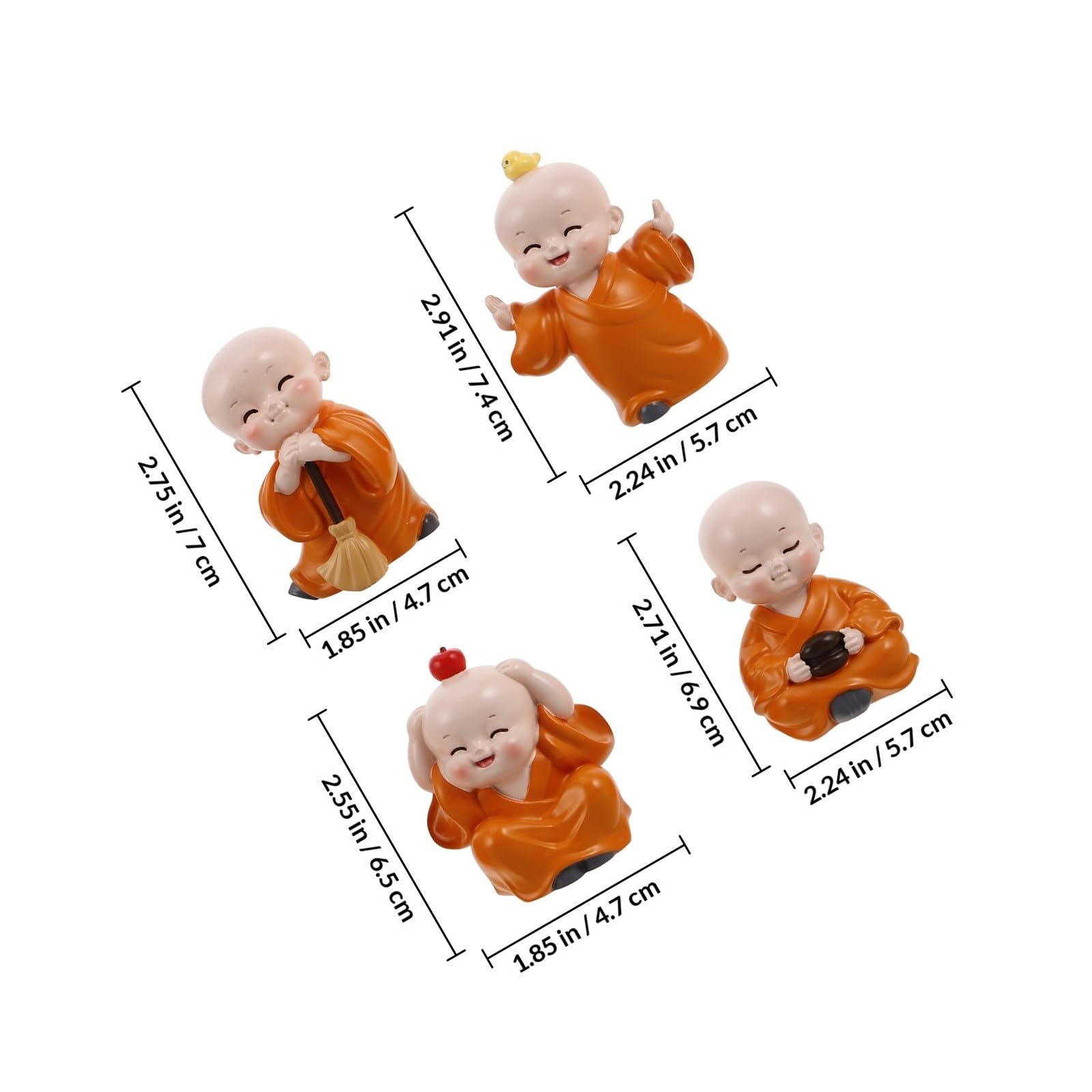 4 Piezas Mini Figuras de Monje de Resina Naranja