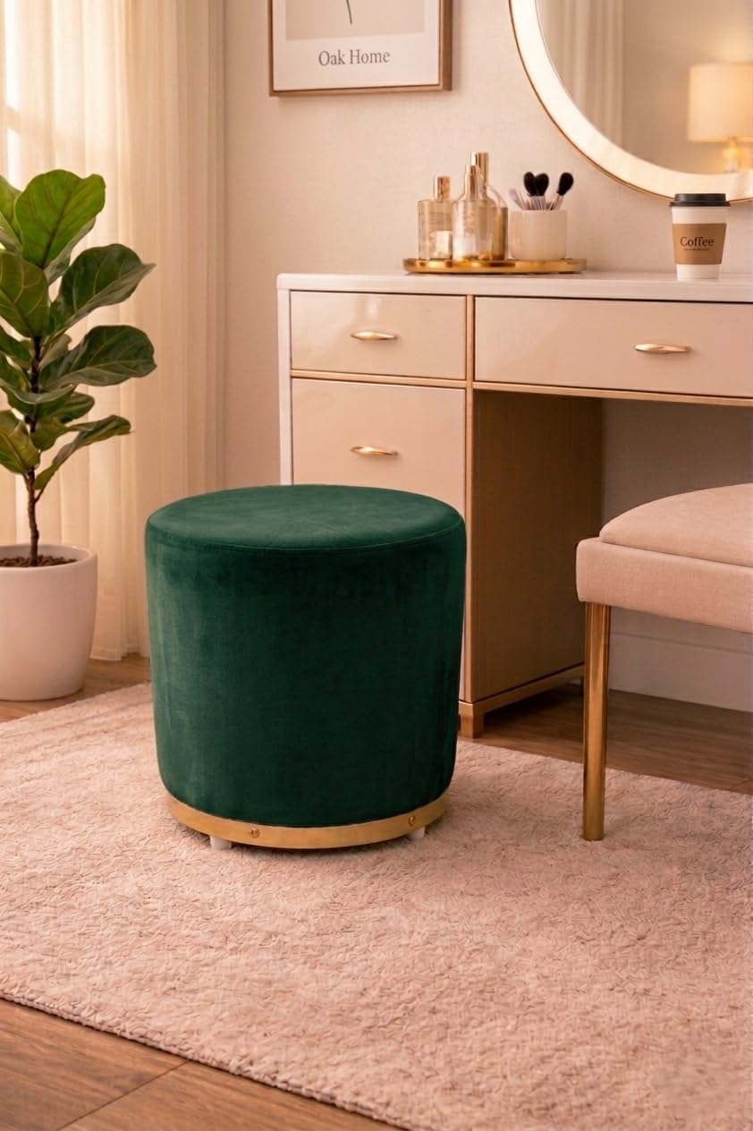 Modern Velvet Round Ottoman Stool with Gold Metal Base – Upholstered Foot Rest & Vanity Seat for Living Room, Bedroom & Dressing Area Dark Green-image-43