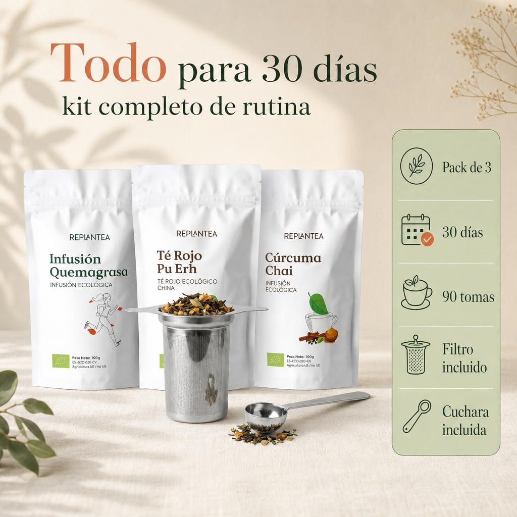 REPLANTEA Zestaw 3 naparów Slim luzem – Detox Depurtive and Drenant Herbata – 30 dni leczenia dla Twojego dobrego samopoczucia – filtr zaparzający i miarka ze stali nierdzewnej w zestawie