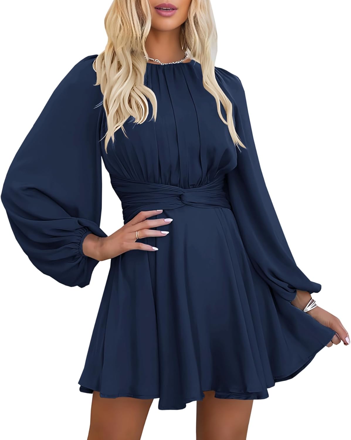 MITILLY Women's Elegant Satin Long Sleeve Round Neck Wrap Tie Waist Flowy Cocktail Party Mini Dress