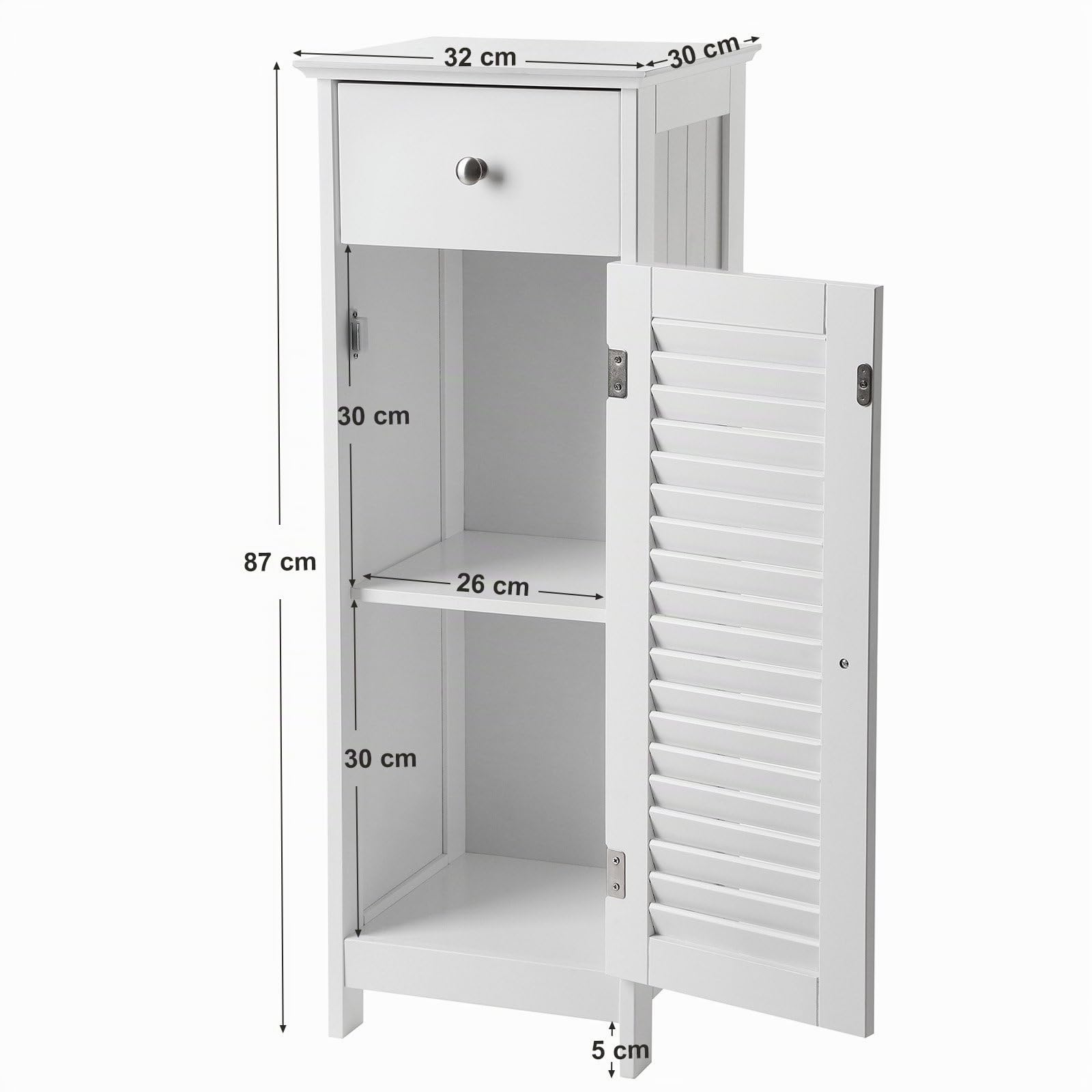 VASAGLE Armario de Baño, Armario de Pie, Almacenamiento de Baño, Marco de Madera con Puerta de Persiana, Cajón, Tablero de MDF, Blanco BBC43WT