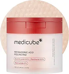 M.edicube Red Succinico Pantenol Peeling Pads: esfoliação suave com AHA, BHA, niacinamida e pantenol. Ideal para pele acneica. Não comedogênico. Limpa, acalma e renova