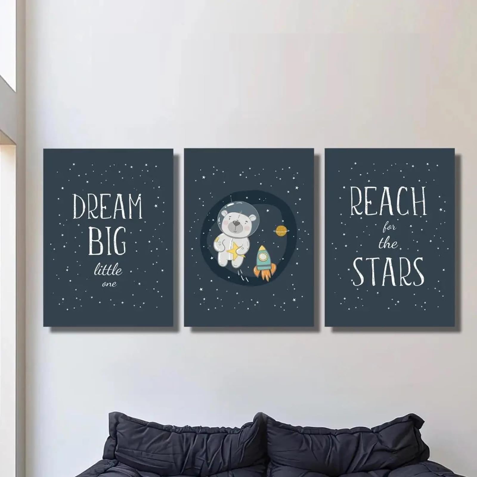 Yocheng 3pcs Canvas Print Art,Starry Sky Theme Sign Art, Cartoon Astronaut Bear And Rocket Illustration 60x80cmx3 No Frame